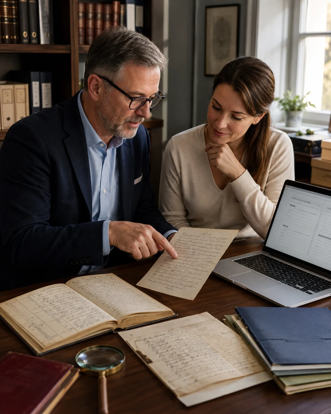 client discussing historical family documents with a transcription specialist